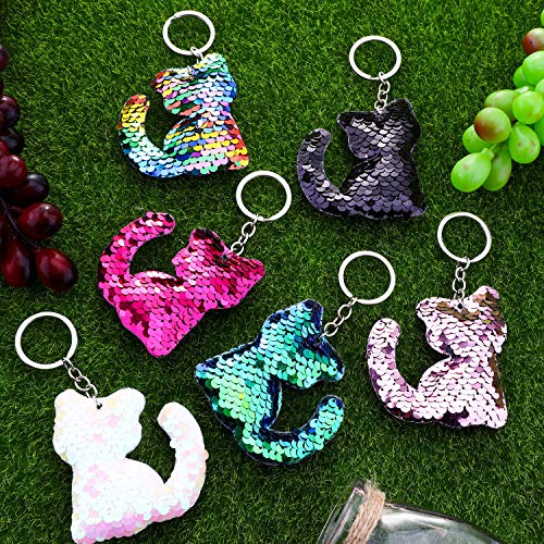 Blulu 24 Pieces Flip Sequin Keychain Cat Shape Key Ring Hanging