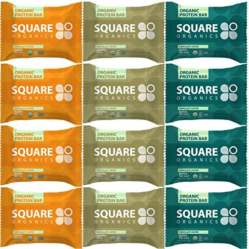 Squarebar Organic Protein Bar Chocolate-Coated Snack Assortment: 4 x Peanut Butter, 4 x Almond Spice, 4 x Nuts and Sea Salt - 1.7 Ounce, Pack of 12