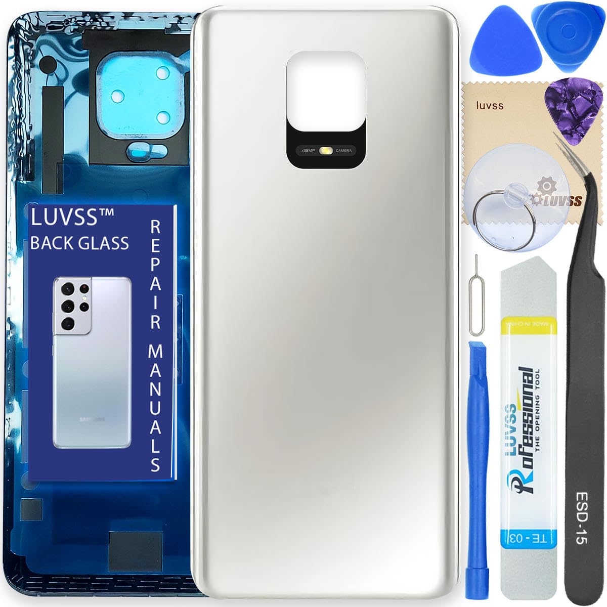 LUVSS Back Glass Cover Replacement Compitable for Xiaomi Redmi Note 9S Rear Cover + Repair Manual DIY Tools Kit (White)