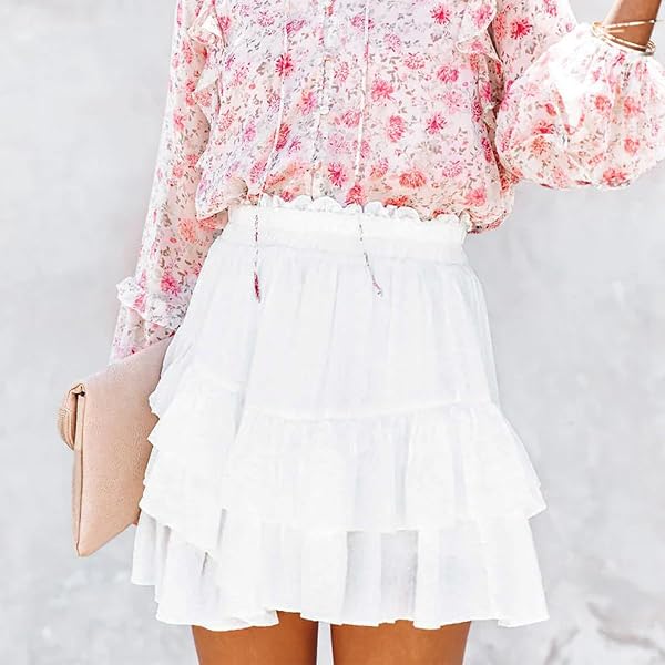 AOUDERY FLOWY SHORTS FOR WOMEN CASUAL RUFFLE TIERED SKORTS HIGH WAIST MINI TENNIS GOLF SKIRT BOHO SUMMER SHORTS – WHITE S