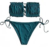 ZAFUL Women 2 Piece Strapless Bikini Swimsuits Ruffle Ribbed Self Tie Bandeau Bikini Set High Cut String Bathing Suits