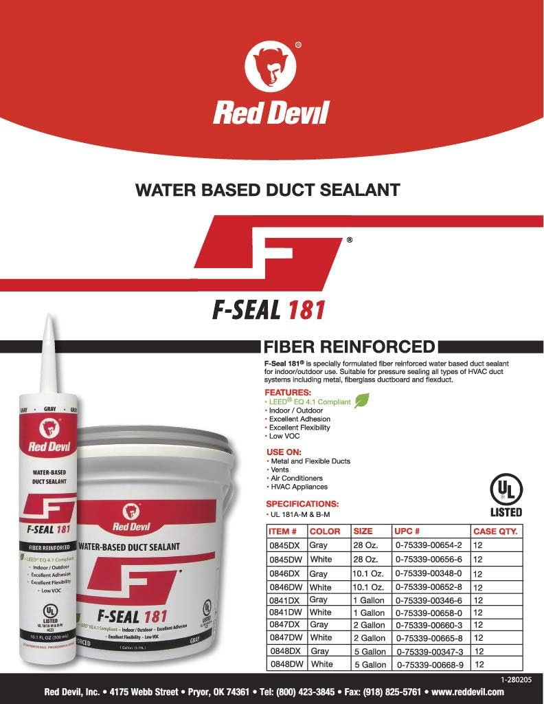 Red Devil 0846DX F-Seal 181 Fiber Reinforced Water Based Duct Sealant, 10.1 oz, Gray: Home Improvement