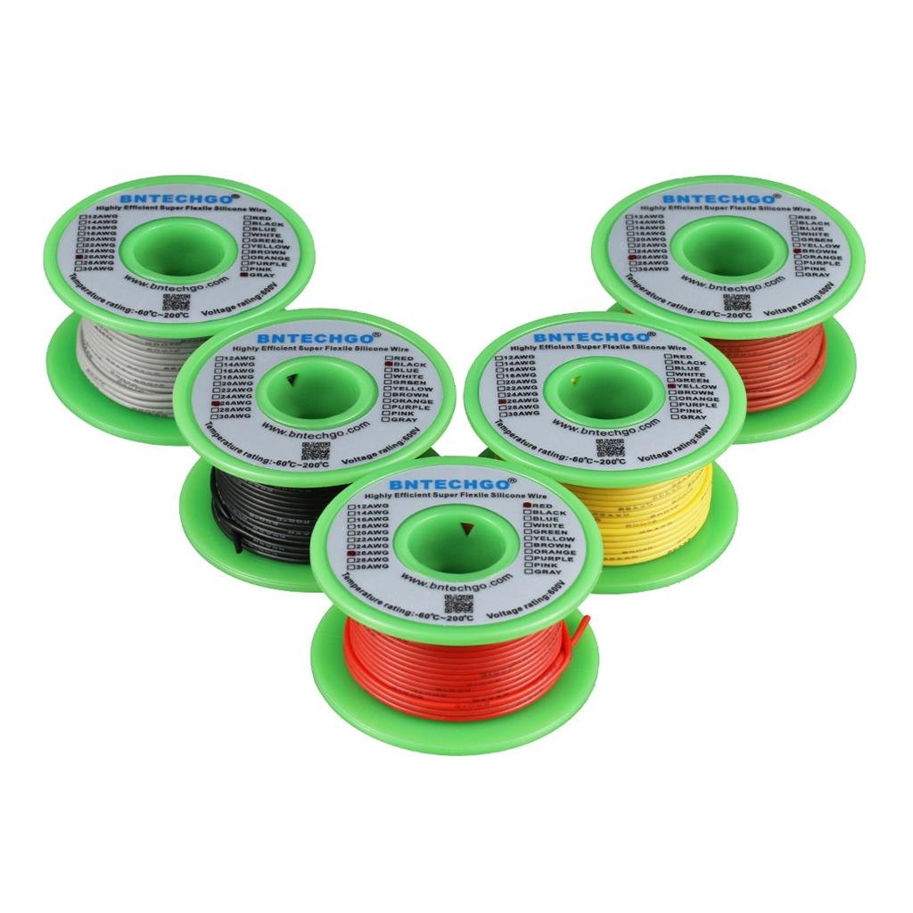 BNTECHGO Ultra Flexible 26 Gauge Silicone Wire Spool 5 Color Red Black Yellow Brown Gray High Resistant 200 deg C 600V Electronic Wire 26 AWG Stranded Wire 30 Strands Tinned Copper Wire Hook Up