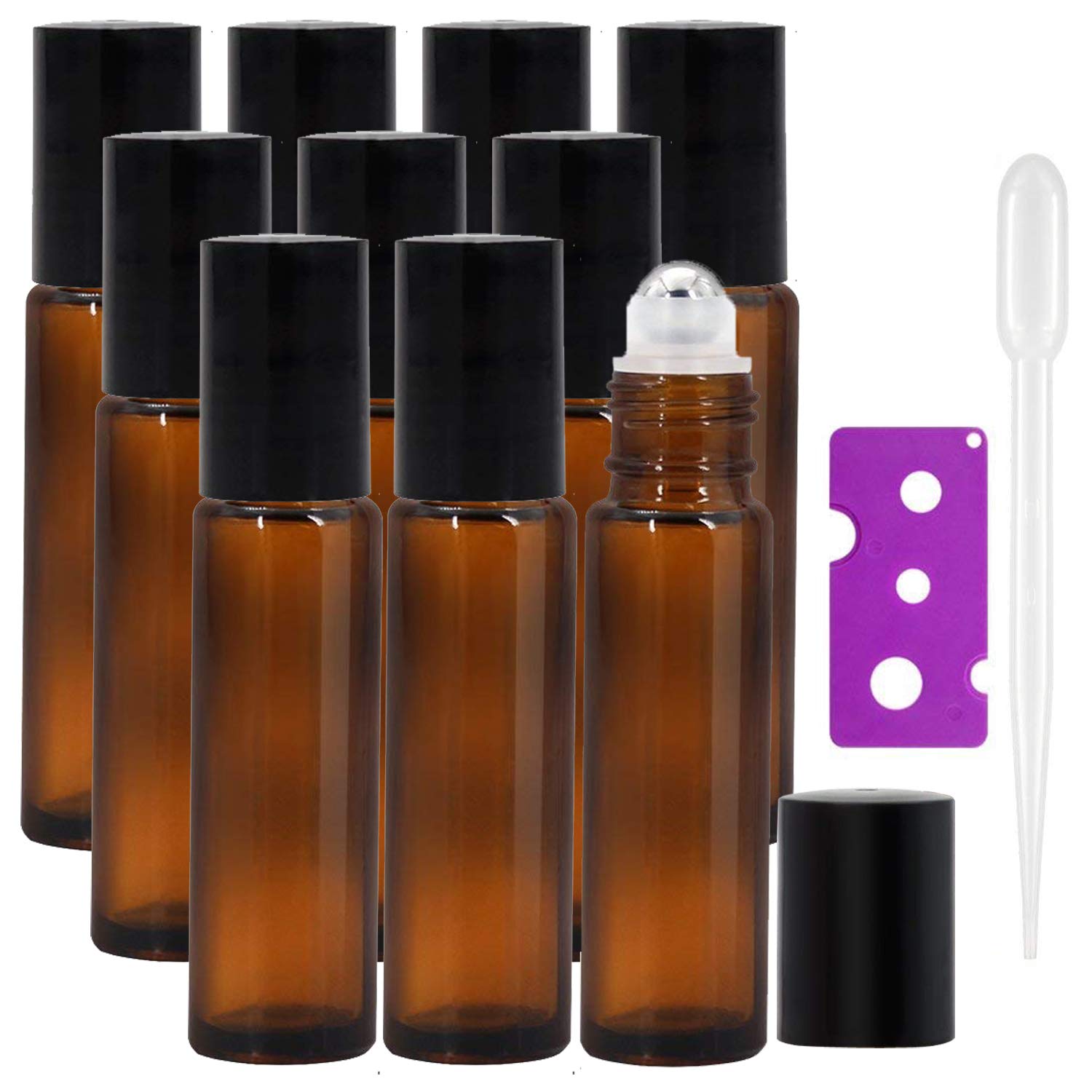 Alledomain 10Pcs, 10ml Essential Oils Roller Bottles - Amber Glass Roll on Bottles with Stainless Steel Roller Balls Perfect for Fragrance, Aromatherapy (Included 1 Bottle Opener and 1 Dropper)