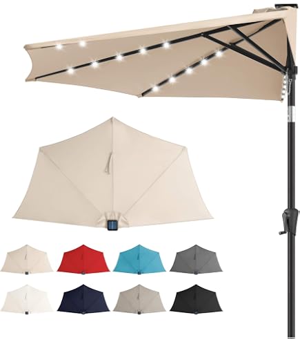 FLAME&SHADE 9 ft Solar Half Patio Umbrella with Lights, Taupe