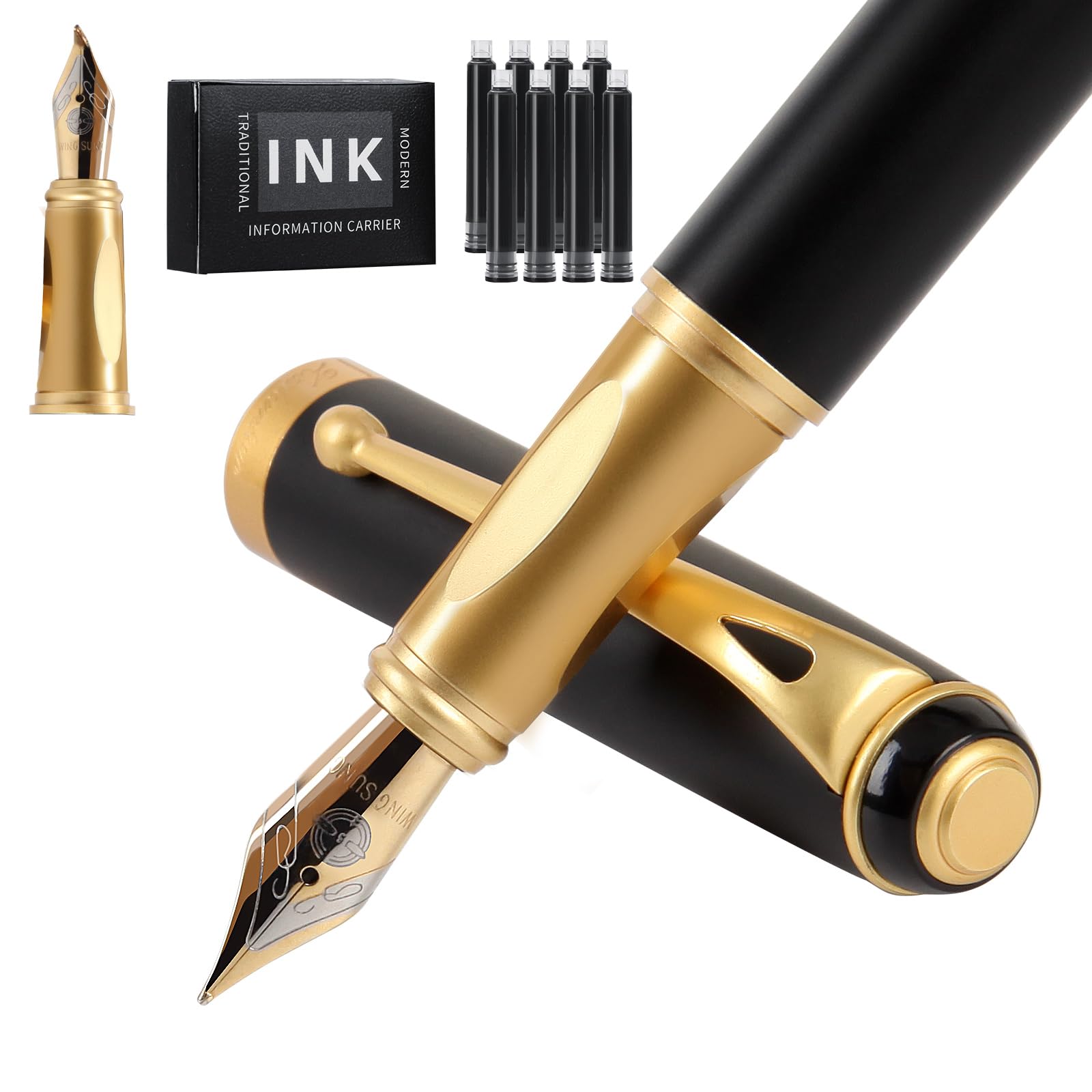 Zalantan Fountain Pen - Smooth Writing Metal Water Pen With Gift Case, Medium Nib, Consistent Flow, 10 Cartridges and Refill Converter (Gold)