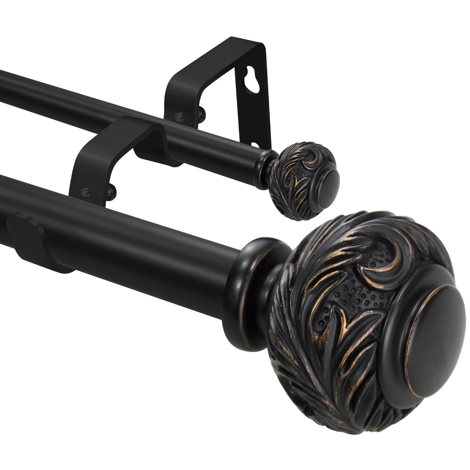 Photo 1 of 1 Inch Black Double Curtain Rod with Modern Design Floral Carved Ball Finials-Tension Curtain Rods 28-48 Inchs for Bedroom&Home Decor