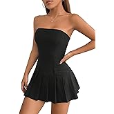 WDIRARA Women's Petite Strapless Belted Tube Dress Sleeveless Pleated A Line Mini Dresses