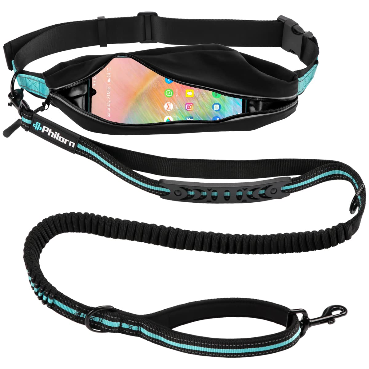 Philorn Hands Free Dog Lead with Phone Pouch, Dog Leash for Running/Jogging, Shock Absorbing Dual Handle Bungee(47"-67" Extendable), Reflective Stitching, Adjustable Waist Belt