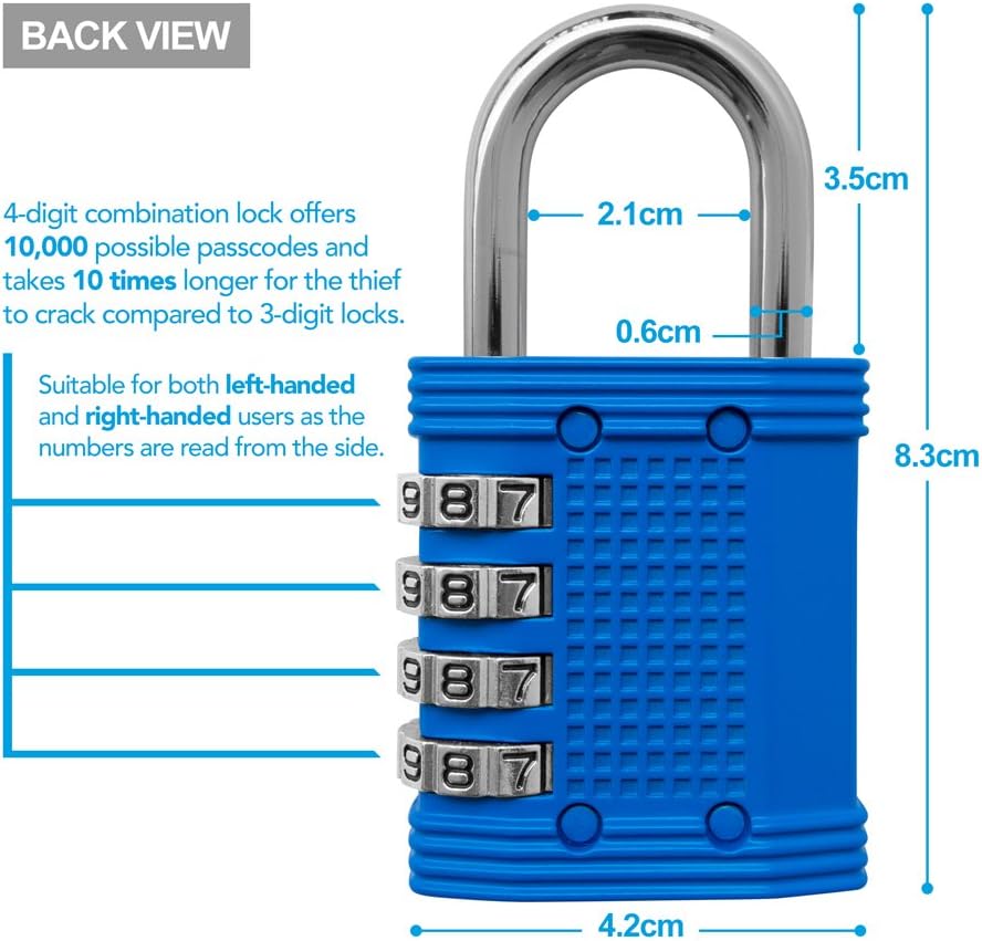 Padlock - 4 Digit Combination Lock for Gym, Sports, School & Employee Locker, Outdoor, Fence, Hasp and Storage - All Weather Metal & Steel - Easy to Set Your Own Keyless Resettable Combo - Blue - - 