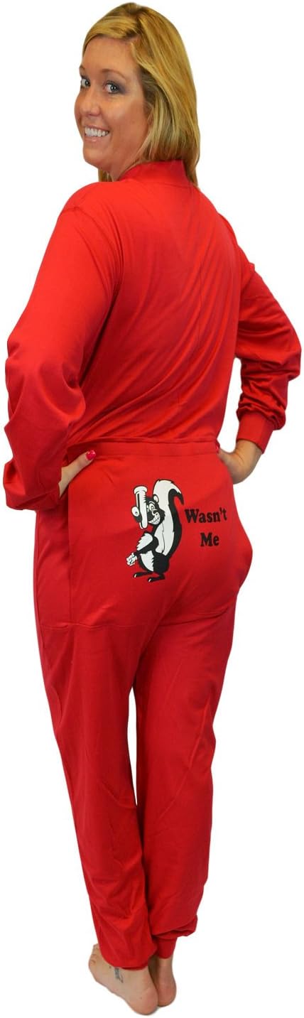 Red Union Suit Men & Women Onesie Pajamas with Funny Butt Flap Wasn't Me Skunk