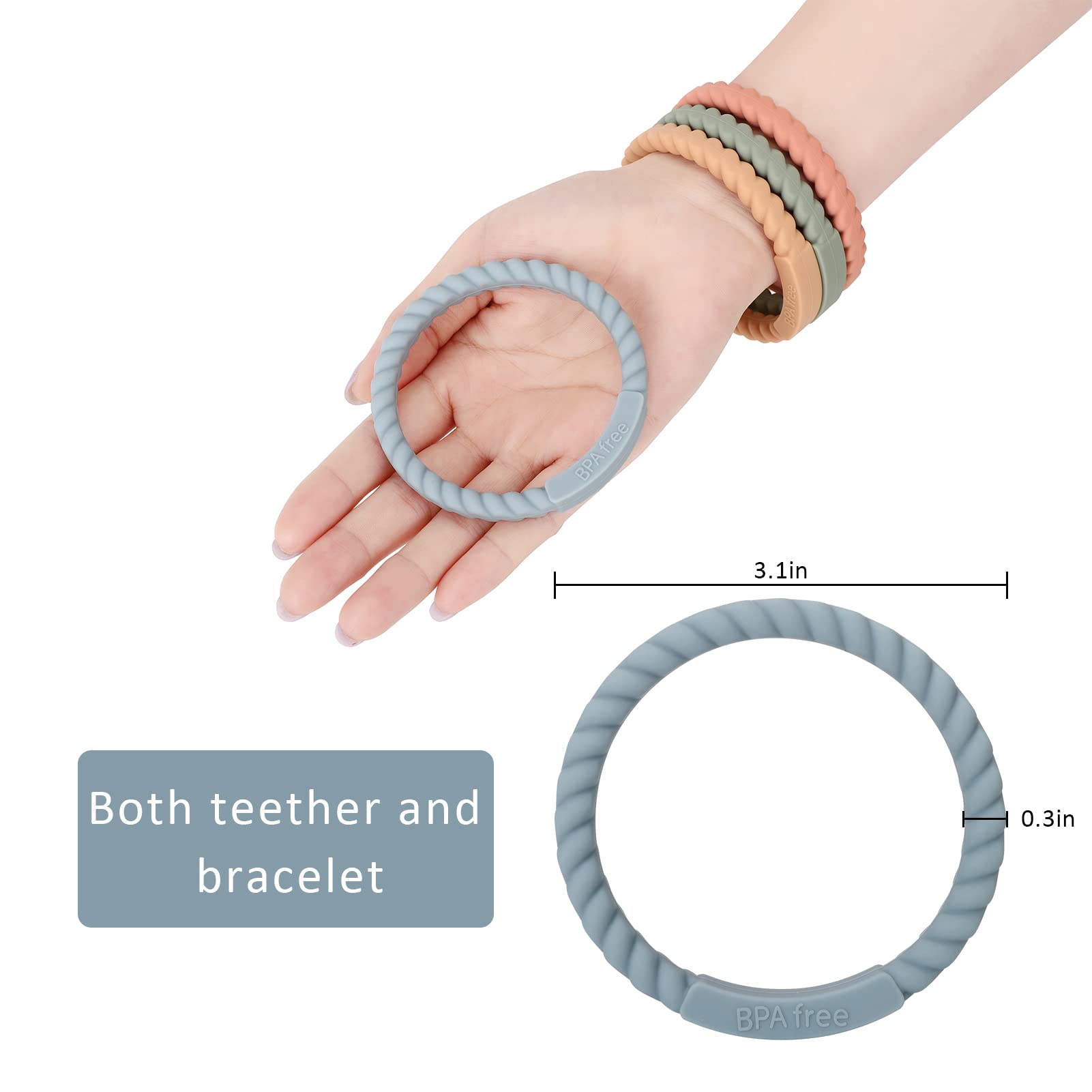 Socub Silicone Baby Teether Toy, 4 Pack BPA Free Soft Silicone Teether Bracelets for 3+Month Babies, Wearable as Bracelets, Baby Chew Toy (Sage/Ether/Muted/Apricot)