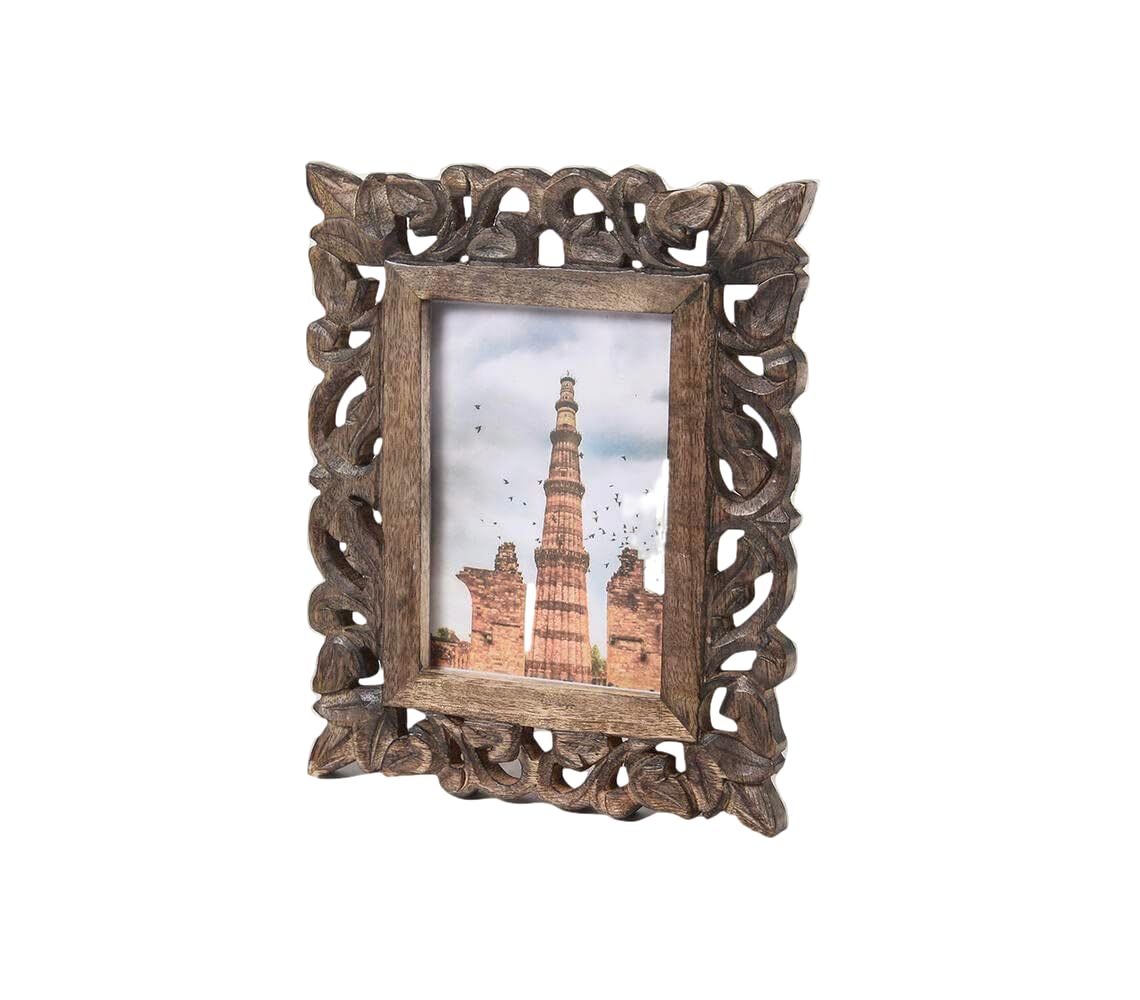 Photo 1 of indoStrides Hand Carved Mango Wood Rustic 5x7 Picture Frame with Real Glass - Aesthetic Vintage Wood Frame for Tabletop and Wall Mount Use - Rustic Home Decor Perfect for Your Memories