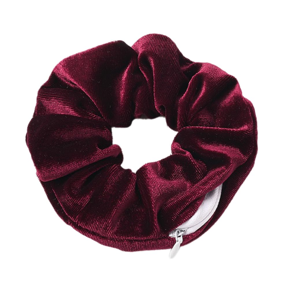 Pack of 5 Women's Hair Bobbles with Zip, Elastic Colourful Hair Accessories, Hair Elastics, Hair Bands, Hair Rope, Scrunchies for Ponytail and Storage, Wine Red