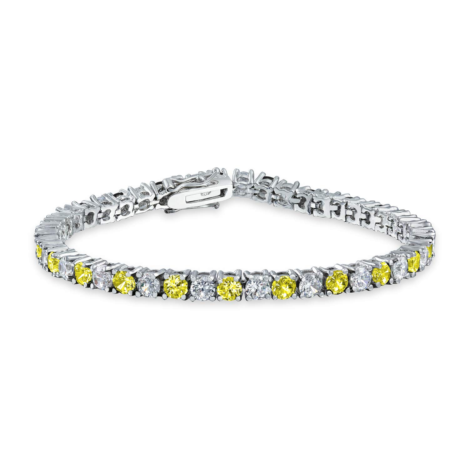 Bling Jewelry Canary Yellow White Alternating Simulated Citrine Round Cubic Zirconia 12.00 CT 4 Prong Basket Set Solitaire AAA CZ Tennis Bracelet For Women Prom Bride Silver Plated 7.5 Inch