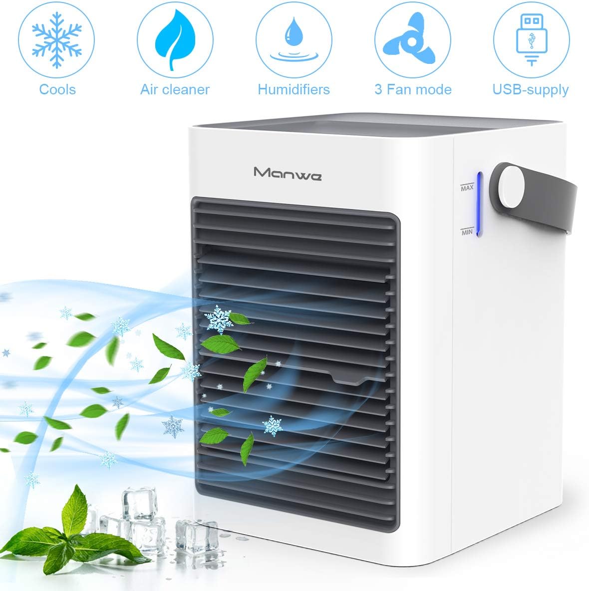 Manwe Portable Air Cooler, Small 3 In 1 Air Conditioner Cooler and Humidifier,Mini Evaporative Coolers Purifier, 3 Fan Speeds, Mobile Air Cooling Fan