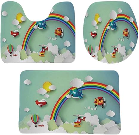 Amazon 子供 トイレマット セット浴室マット 3点セット 飛行機の熱 気球のヘリコプターが虹の晴れた空を飛んで幸せな赤ちゃんイラスト 防音 ラグマット 洗える おしゃれ 50 80cm マルチ 玄関マット オンライン通販