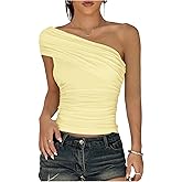 WDIRARA Women's One Shoulder Tops Ruched Asymmetrical Neck Blouse Fitted Tops