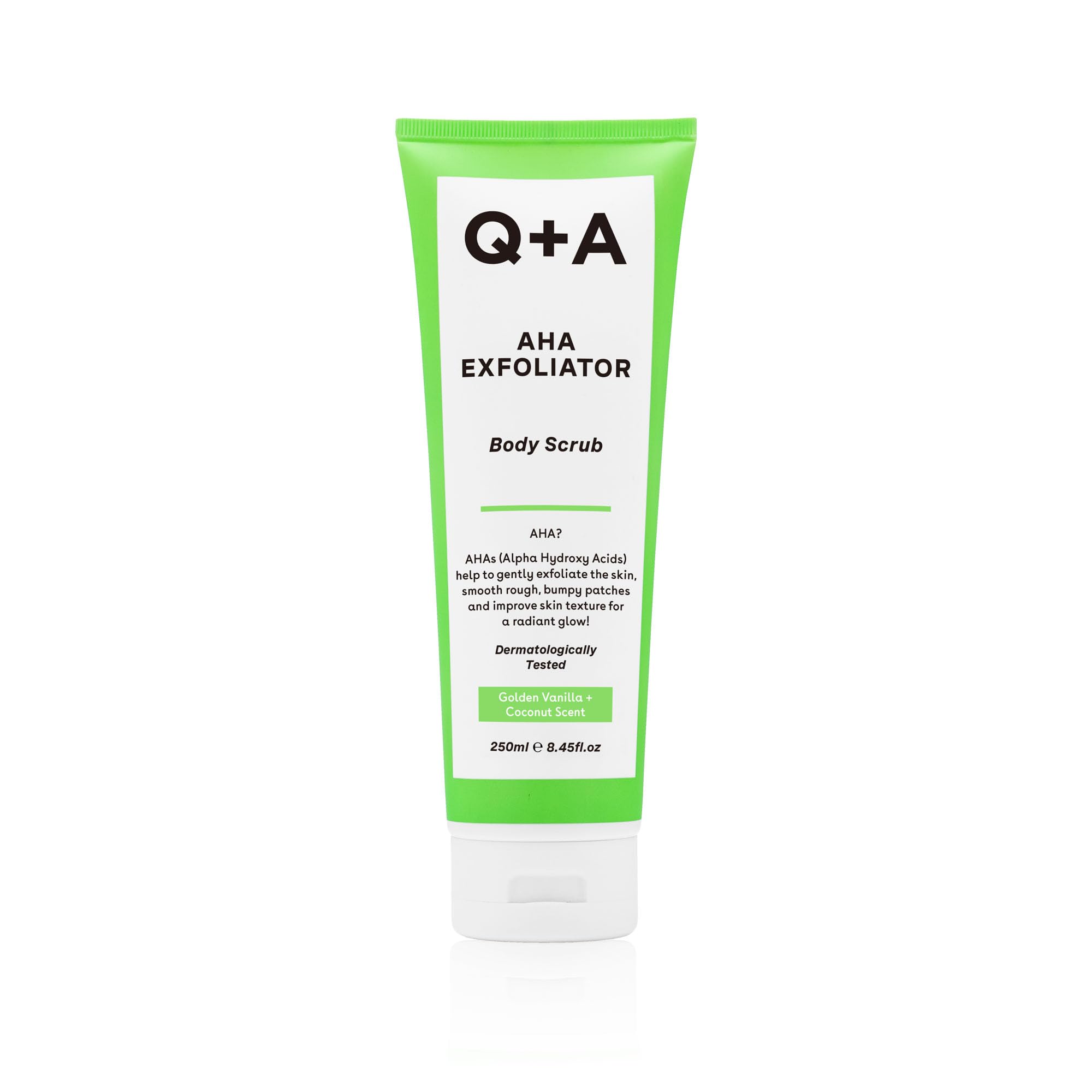 Q+A AHA Exfoliator Body Scrub (250ml), Exfoliating Body Scrub with AHA and Lactic & Glycolic Acid, Smooths Rough Dry Skin, Brightens & Hydrates, Vanilla & Coconut Scent