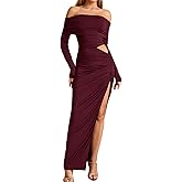EYNMIN Off Shoulder Long Sleeve Maxi Dress Ruched Bodycon Slit Elegant Formal Fall Wedding Guest Dresses for Women