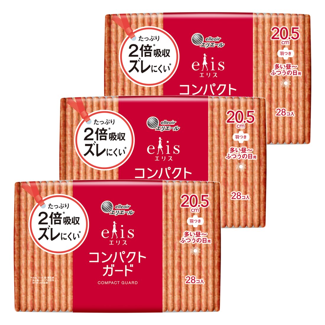エリス コンパクトガード 羽つき 20.5cm 84枚(28枚×3個) 多い昼~ふつうの日用 ナプキン まとめ買い商品画像