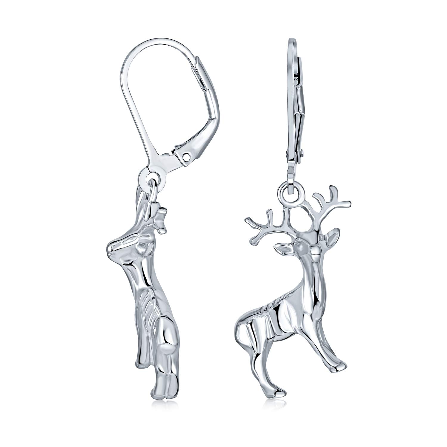Hunter Outdoor Buck Elk Moose Antelope Christmas Rudolph Reindeer Dangle Earrings For Women Teen Lever back .925 Sterling Silver