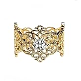 Antique Gold-Tone Lace Flowers Cocktail Rings for Women Cubic Zirconia Diamond Statement Wedding Party Engagement Stackable Ring Open Adjustable Middle Finger Band Comfort Fit Jewelry for Wife Mom