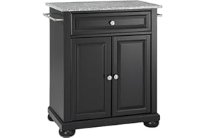 Crosley Furniture Alexandria Granite Top Small Portable Rolling Kitchen Island Storage Cart, Microwave Stand, Black