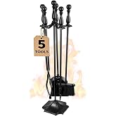 JupiterForce 5 Pieces Fireplace Tools Set Indoor Outdoor 31" Wrought Iron Large Fire Place Set Tools, Fire Pit Tools with Poker Shovel Tongs Brush and Stand, Black