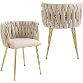 NIOIIKIT Modern Velvet Dining Chairs Set of 2 Hand Weaving Accent Chairs Living Room Chairs Upholstered Side Chair with Golden Metal Legs for Dining Room Kitchen Vanity Living Room (Ivory)