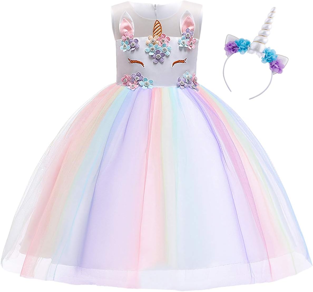 OBEEII Girls Unicorn Dress Sleeveless Princess Flowers Tulle Rainbow Tutu Skirt Carnival Costume Cosplay Party Fancy Dress Up Photography Props Outfit