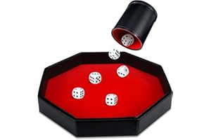MINIINFLAT 8 Pcs Dice Tray Game Set Includes 1 Red Velvet PU Leather Octagon Dice Roll Tray, Felt Lined PU Leather Dice Cup with 6 Dot Dices for Bar Party Dice Games