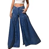 EZAPINE Women Bell Bottom Jeans High Waist Stretch Wide Leg Baggy Flared Pleated Vintage Casual Loose Denim Pants