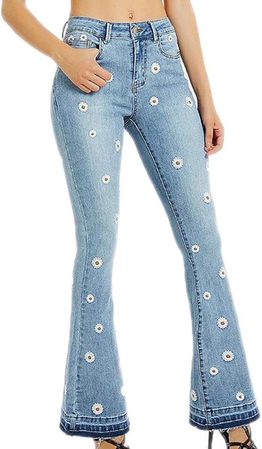 Oneforus Retro Casual Ladies Fashion MidRise Jeans High Elastic Daisy Embroidery Denim Flared