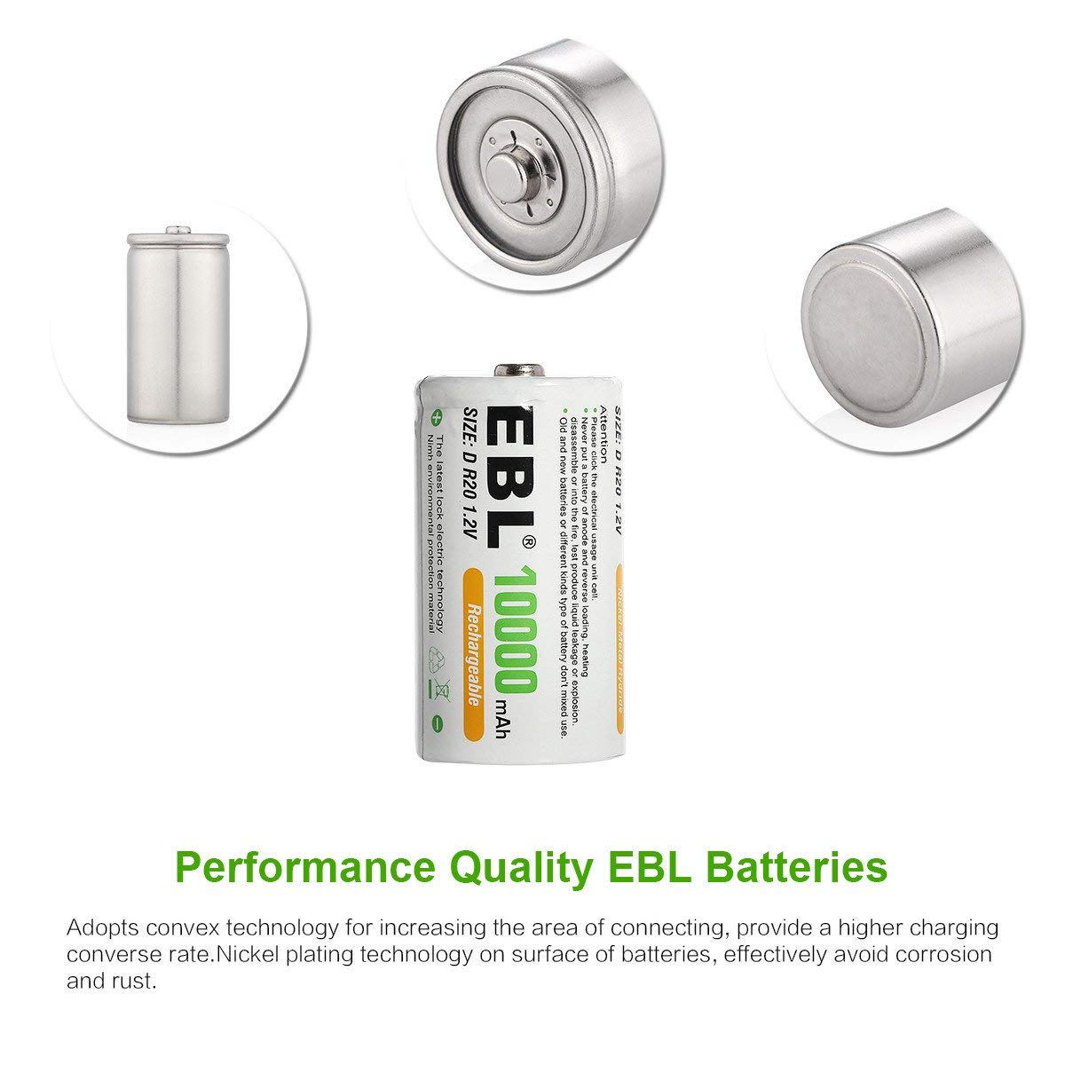 EBL D Cell Batteries 10,000mAh Ultra Pro Ni-MH Rechargeable D Batteries, 4-Pack