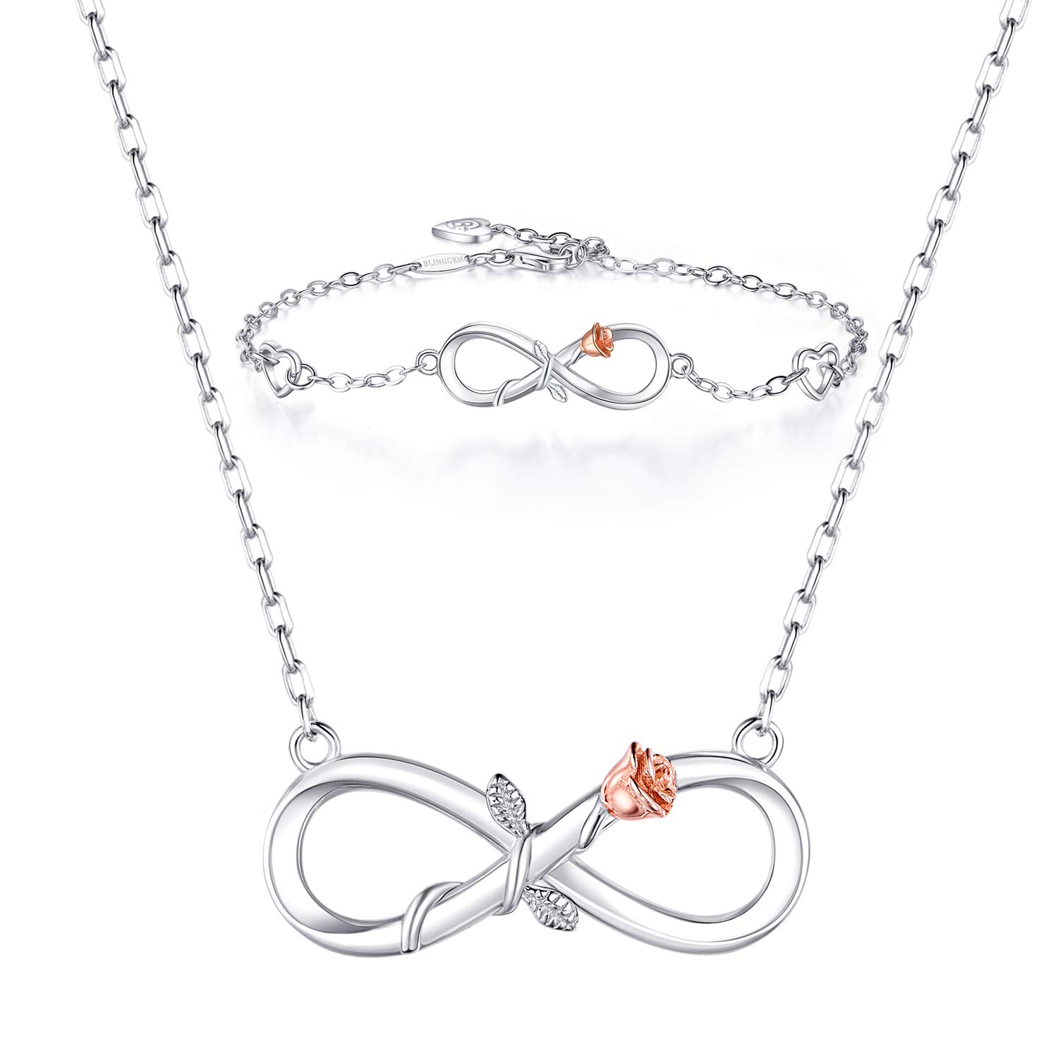 BlingGem Jewellery Sets for Women in 925 Sterling Silver Infinity Rose Flower Necklace and Bracelet Sets Birthday Anniversary Mothers-day Gift for Women Wife