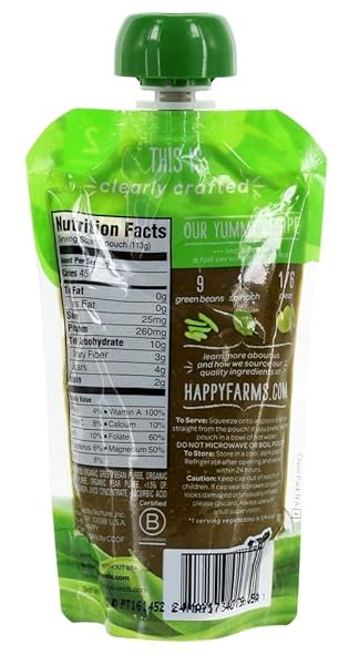 HAPPY BABY ORGANICS STAGE 2 BABY FOOD POUCHES, GLUTEN FREE, VEGAN & HEALTHY SNACK, CLEARLY CRAFTED FRUIT & VEGGIE PUREE, GREEN BEANS PEARS & SPINACH, 4 OUNCES (PACK OF 1)