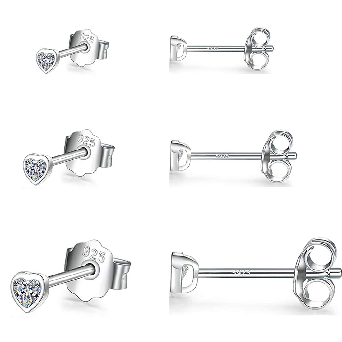Gulicx 3 Pairs Silver Heart Stud Earrings Set for Women Girls, Hypoallergenic 925 Stering Silver Cubic Zirconia Simulated Diamond Stud Earrings,Small Sleeper Cartilage Studs, Size: 3, 4, 5mm