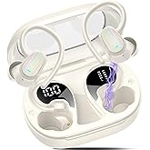 Wireless Earbuds, Headphones Sport Bluetooth 5.4, Over Ear Buds with ENC Noise Canceling Mic, Deep Bass Stereo Earphones with Hook, 50H, LED Display, IP7 Ear Buds for Workout Running, Off-White(2026)