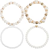 LXUEJIE 4 PCS Pearl Bracelets for Women, White & Gold Chunky Simulated Pearl Stackable Stretch Bracelet Set Multilayered Stretch Bead Ball Bracelet Jewelry Gifts for Women Bridesmaid Bridal Jewelry