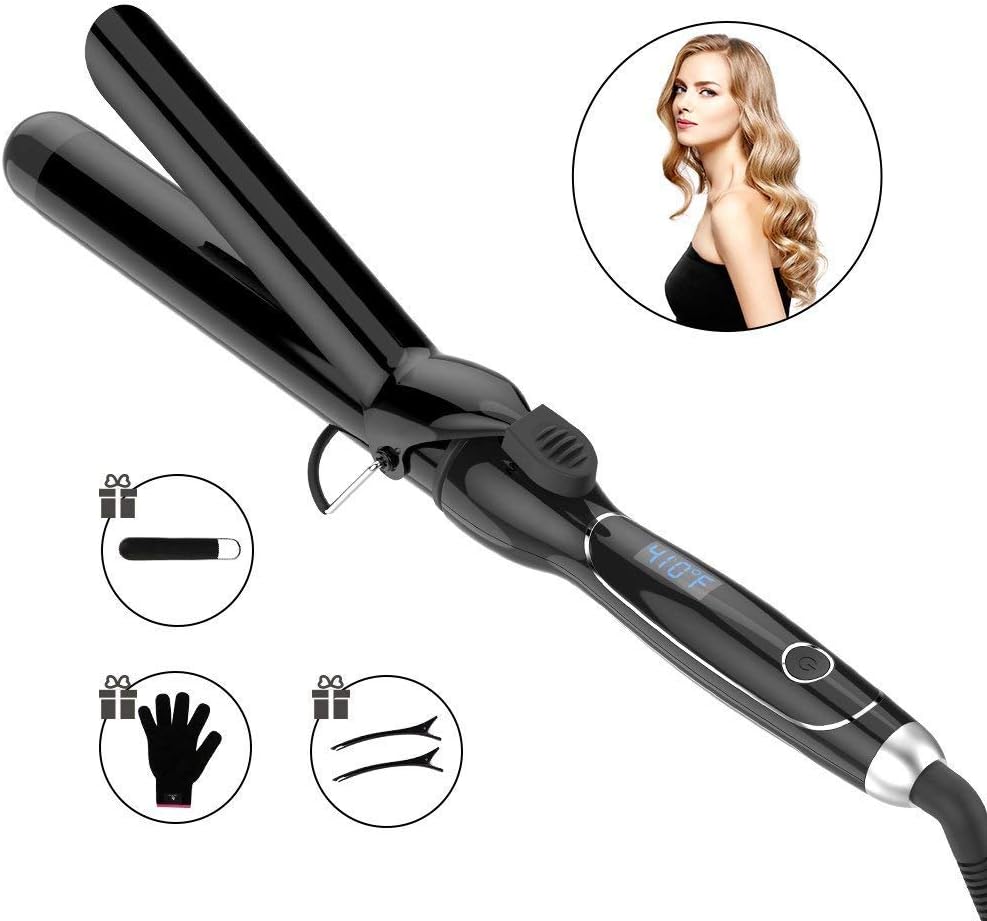 Curling Iron 1 1/4-inch Instant Heat with Extra-smooth Tourmaline Ceramic Coating, 6 Temperature Settings and Dual Voltage, Glove Included