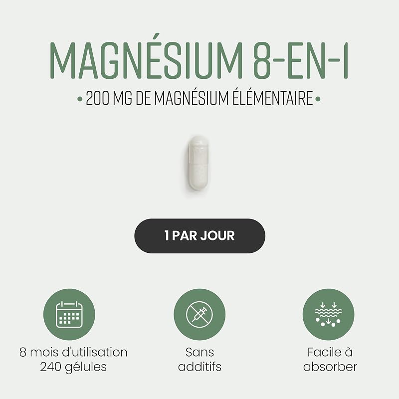 Magnésium Complex 8-en-1 | 200 mg | 240 Gélules Végétaliennes | Magnesium Bisglycinate, Citrate, Malate, Taurate | Complément pour Muscles, Énergie et Fatigue | 8 Mois | VitaBright