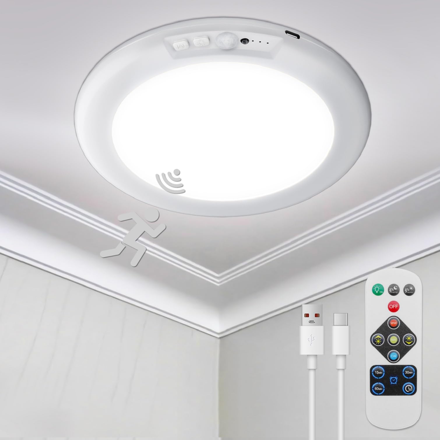 Akku Deckenlampe mit Bewegungsmelder, Aufladbar Akku Deckenleuchte Ohne Stromanschluss, 4000MAH LED Batteriebetriebene Deckenleuchte mit fernbedienung, Ohne Bohren,Dimmabar,3000K,4000K,6500K,Φ19CM