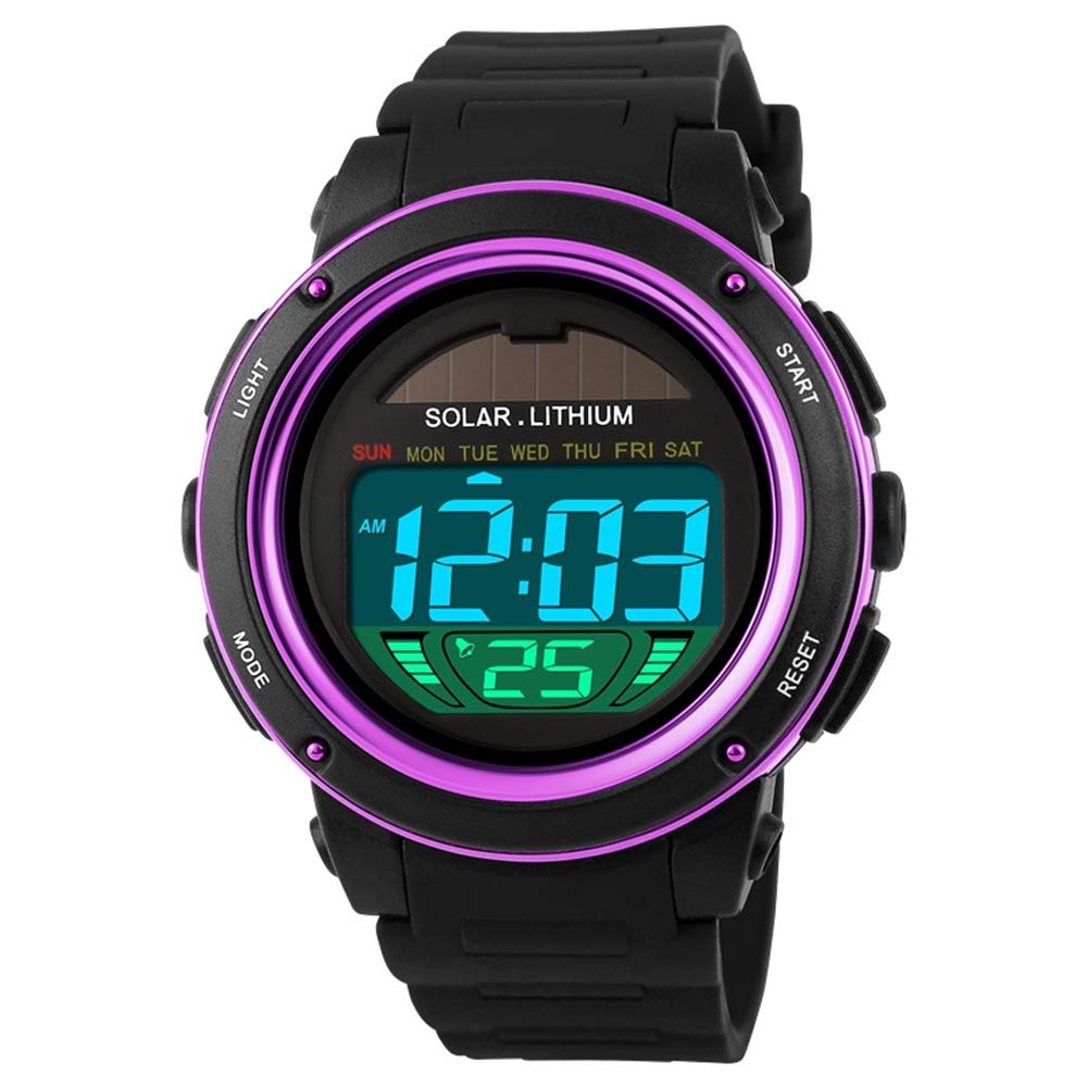 FeiWen Multifunction LED Digital Outdoor Sports Military 50M Waterproof Solar Watches for Women Men Boy Simple Design Plastic Case with Rubber Band Stopwatch Alarm Backlight Date, Purple