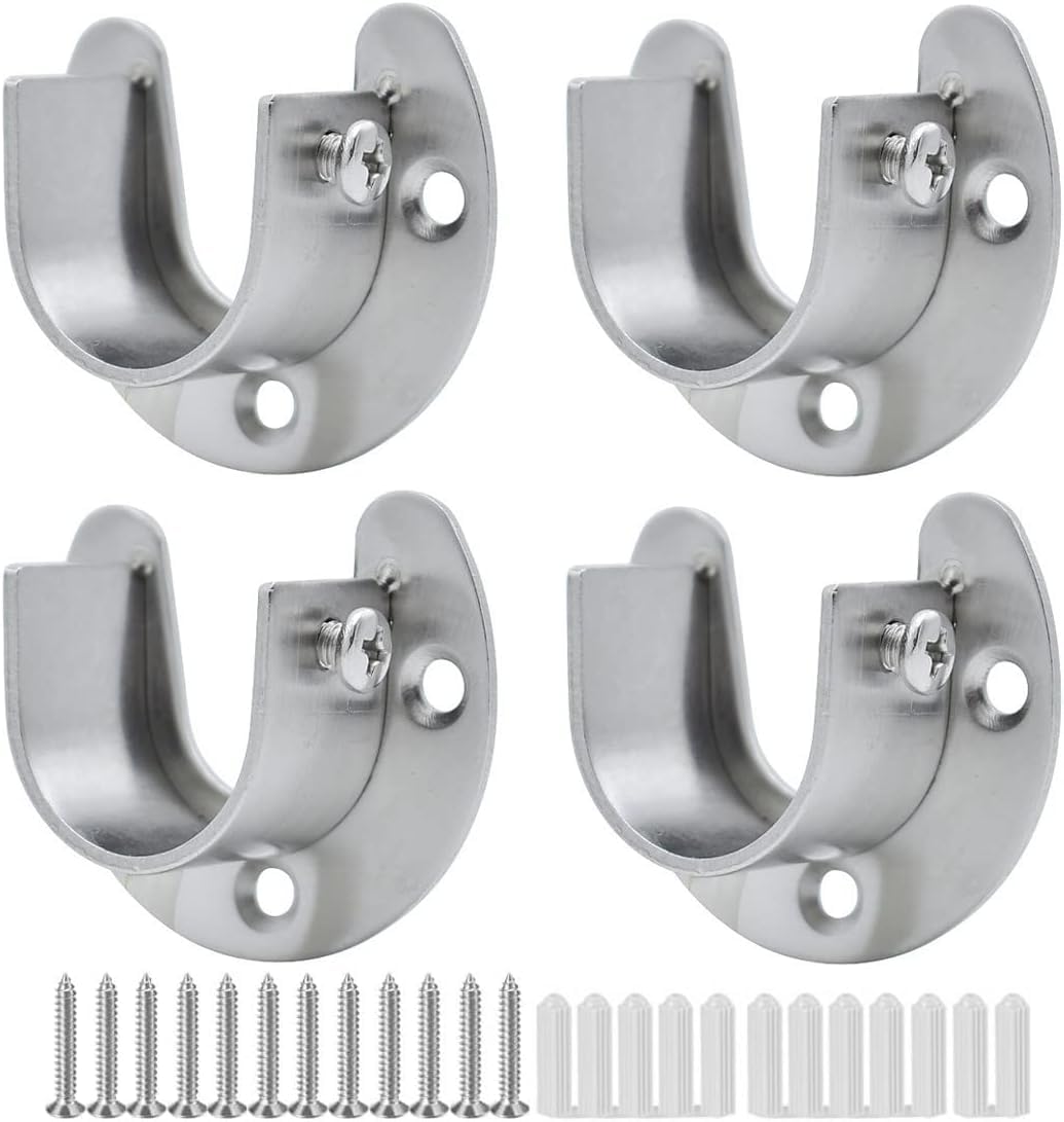 Wardrobe Pole Brackets, 4 Pieces, Curtain Pole Brackets, Stainless Steel U-Shaped Closet Rod Bracket, Curtain Rail Brackets, U Shaped Flange Rail Rod Holder, for Wardrobe, Curtain, Shower Rod (25mm)