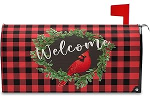 WAMIKA Welcome Winter Cardinal Birds Magnetic Mailbox Cover Standard 21 X 18 in Christmas Red Buffalo Plaid Mail Box Covers Decals Wraps Post Box Outdoor Garden Decorations