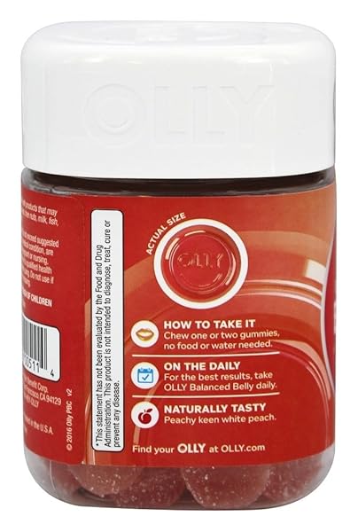 OLLY PROBIOTIC + PREBIOTIC GUMMY, DIGESTIVE SUPPORT AND GUT HEALTH, 500 MILLION CFUS, FIBER, ADULT CHEWABLE SUPPLEMENT FOR MEN AND WOMEN, PEACH, 30 DAY SUPPLY – 30 COUNT