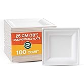 ECO SOUL 10 Inch Compostable Disposable Paper Plates [100 Pack] Food Safe 100% Virgin Bagasse Pulp Heavy Duty Biodegradable Microwave Safe Large Square Dinner Plate for Party, Picnic & BBQ (White)
