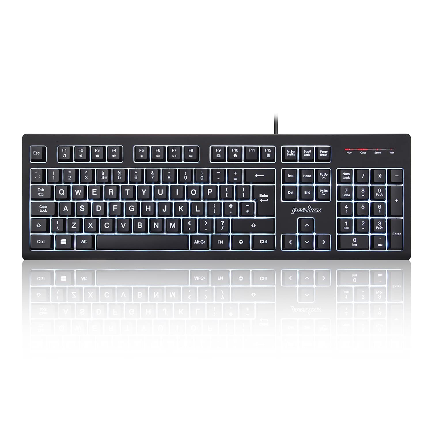 Perixx PERIBOARD-329 Wired Backlit Keyboard, Big Print Letter with Multi-Colour Illuminated LED, X Type High Scissor Keys, QWERTY UK