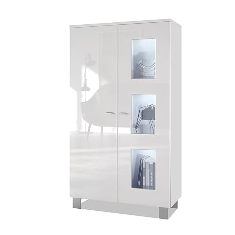 Vladon Tall Display Cabinet Cupboard Denjo Carcass In White Matt
